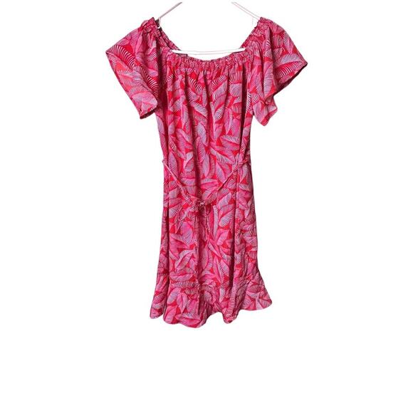 Merona Women's Short Flutter Sleeve Red Leaf Print Drawstring Flowy Dress Sz L - Picture 1 of 9